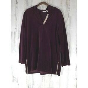 Chicos Zenergy Plum Velour Hoodie Size 2P or Large Petite Gold Zipper Accents